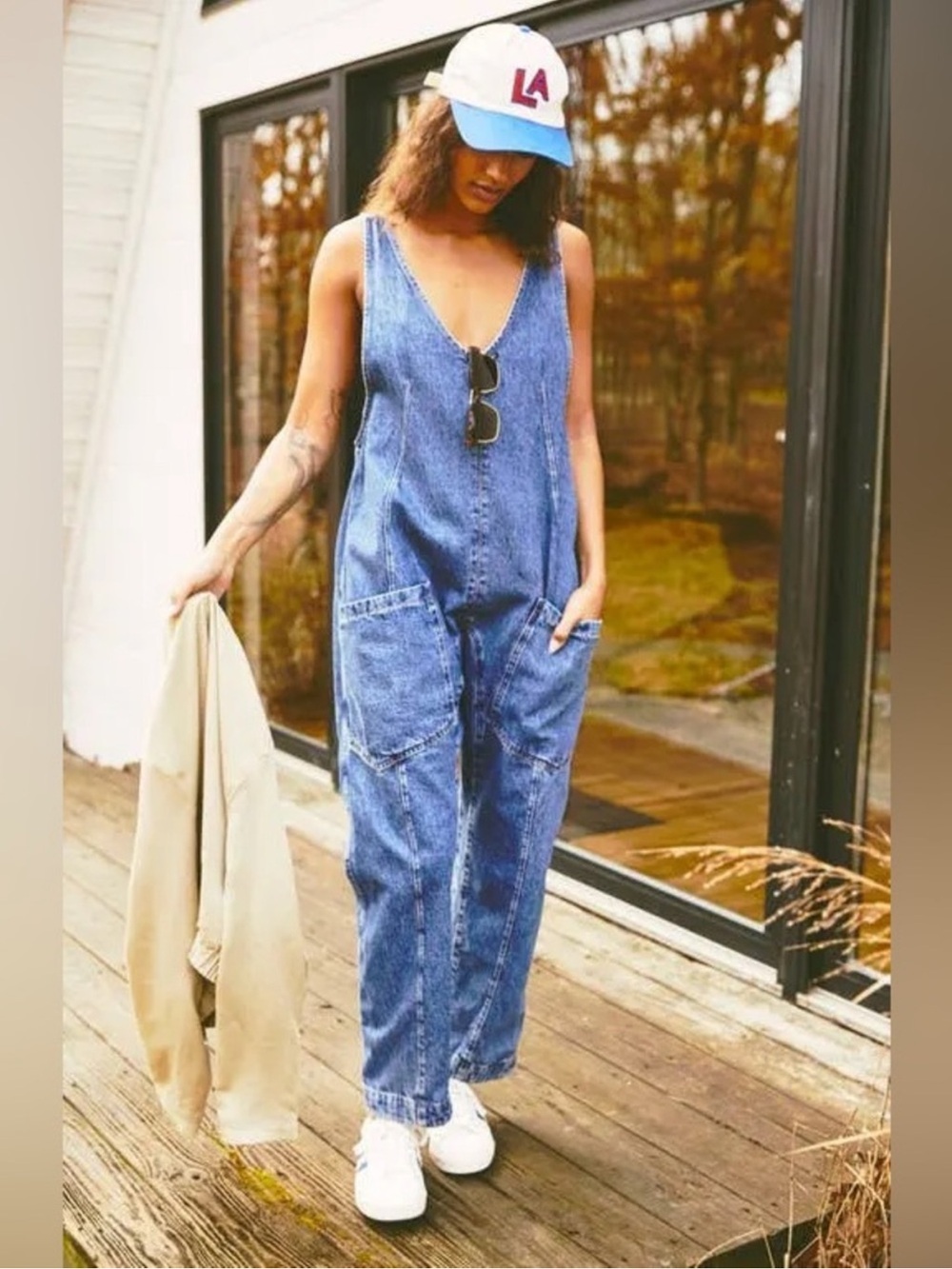 Free People We The Free High Roller Blue Denim V-Neck Jumpsuit Overalls